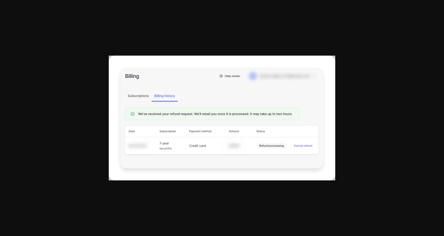 NordVPN-Hilfebild: „Refund processing“ bestätigt einen laufenden Antrag, noch keinen Geldeingang.