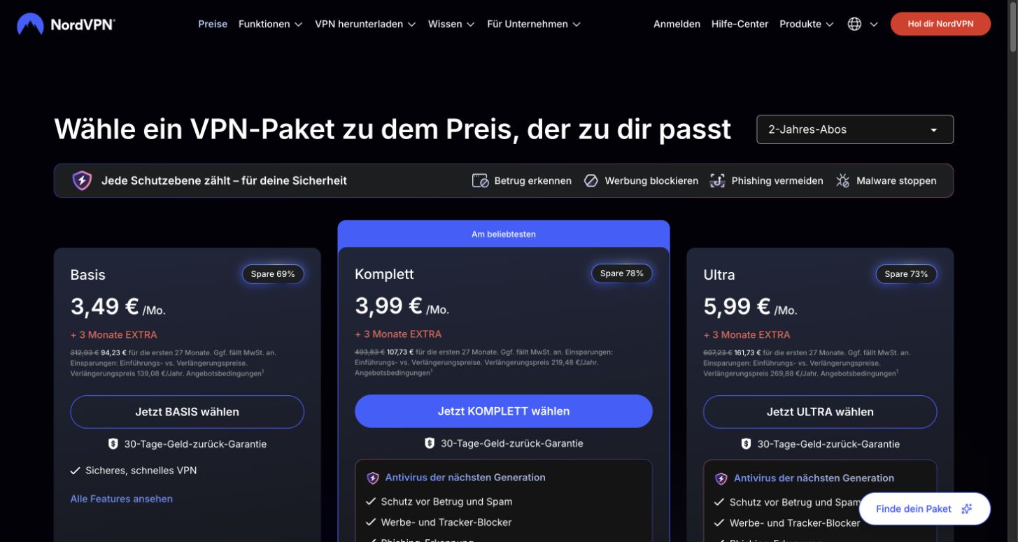 Öffentliche NordVPN-Preisübersicht, aufgenommen am 30. Oktober 2026. Die Aktion hinter dem Angebotsbutton kann davon abweichen.