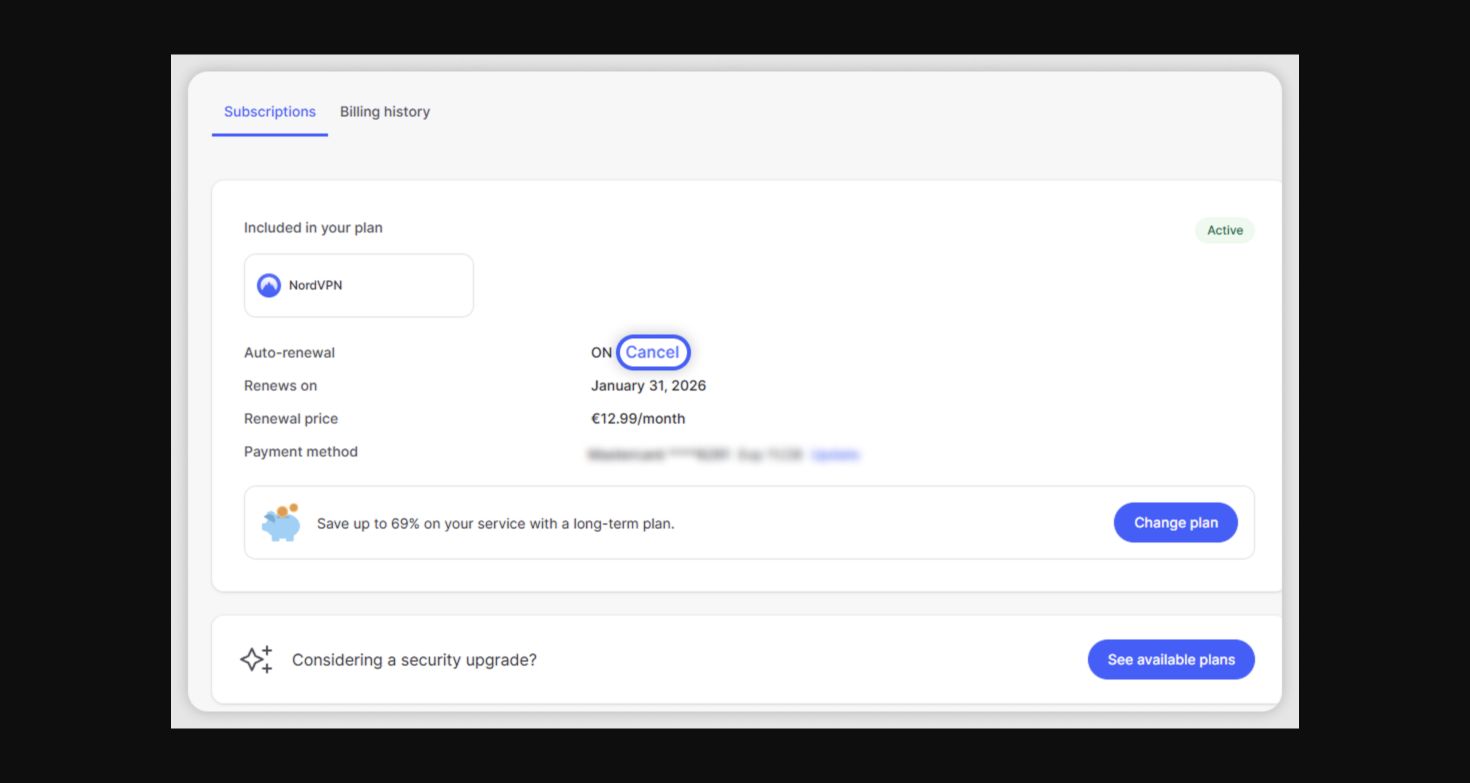 NordVPN-Hilfebild: „Cancel“ startet das Abschalten der Verlängerung.