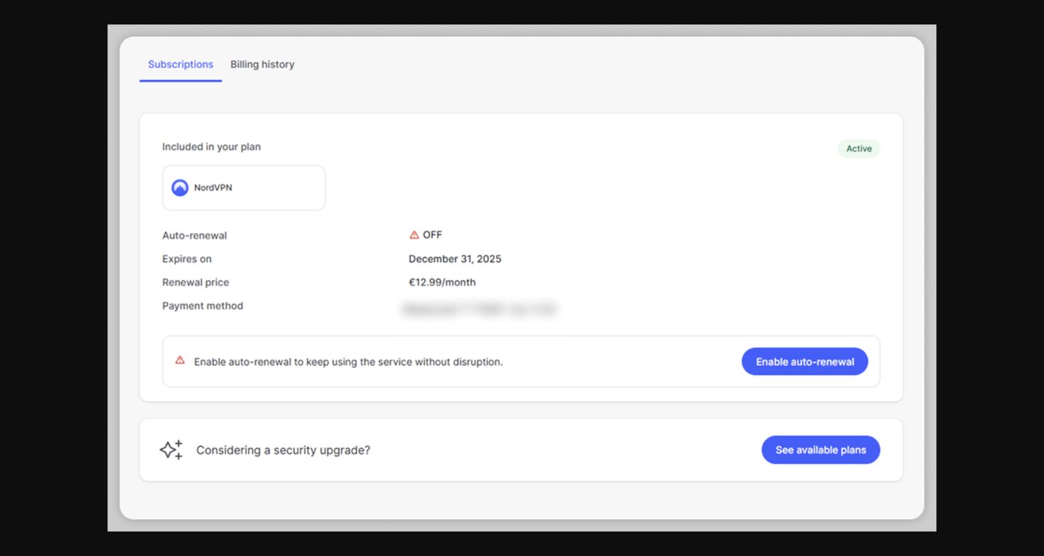 NordVPN-Hilfebild: „OFF“ bestätigt die ausgeschaltete Verlängerung. Damit ist noch keine Rückerstattung beantragt.